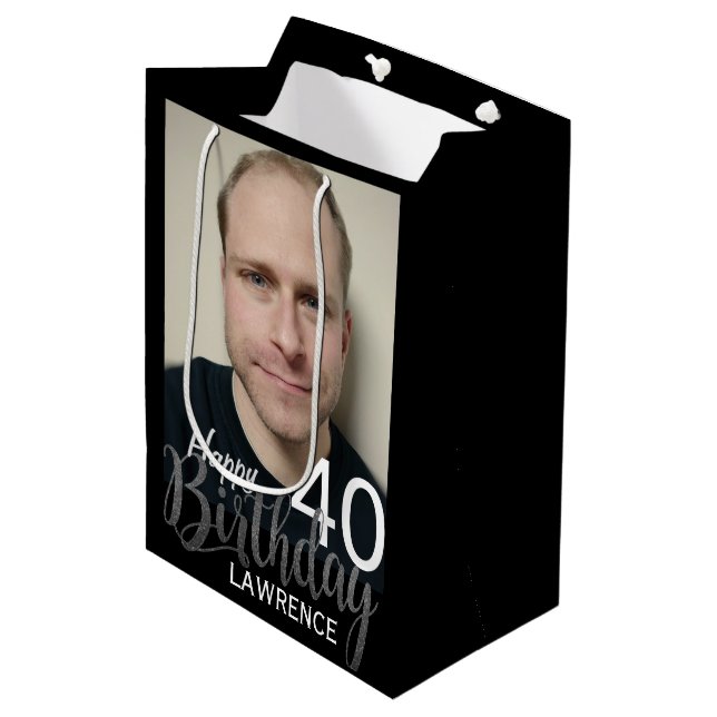 Modern Custom Photo and Any Age Birthday Medium Gi Gift Bag (Front Angled)
