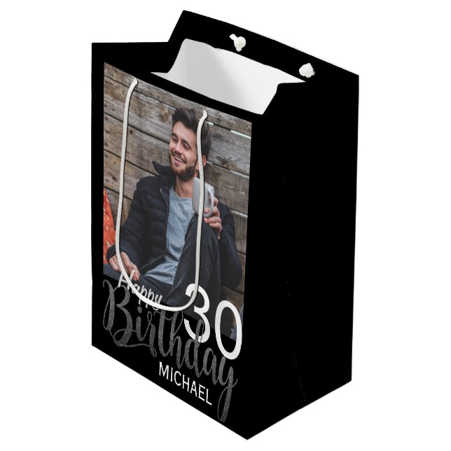 Modern Custom Photo and Any Age Birthday Medium Gift Bag (Front Angled)