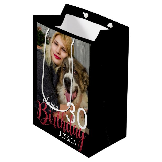 Modern Custom Photo and Any Age Birthday Medium Gift Bag (Front Angled)