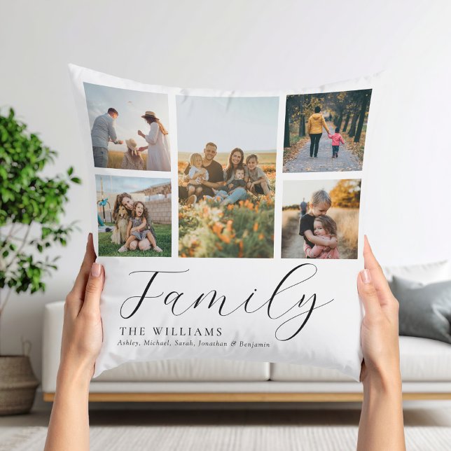 Modern Custom Photo Collage Elegant Script Family Cushion (Creator Uploaded)