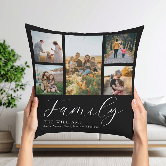 Modern Custom Photo Collage Elegant Script Family Cushion (Creator Uploaded)