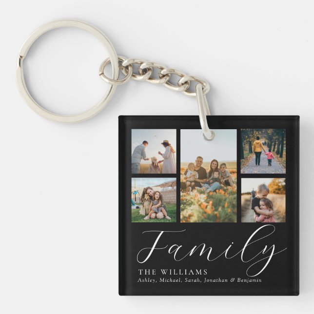Modern Custom Photo Collage Elegant Script Family Key Ring (Front)