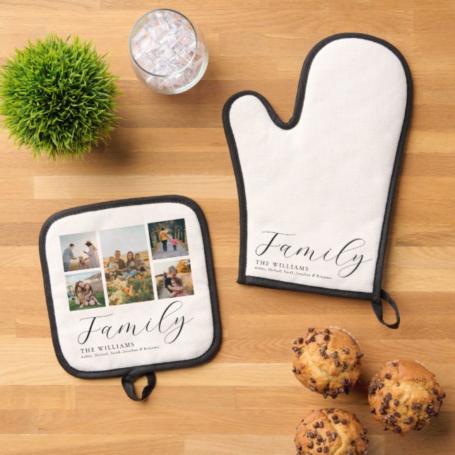 Modern Custom Photo Collage Elegant Script Family Oven Mitt & Pot Holder Set (Top Down)