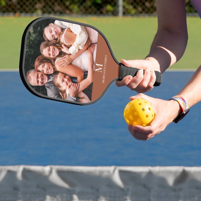 Modern Custom Photo Monogram Name Terracotta White Pickleball Paddle (Insitu)