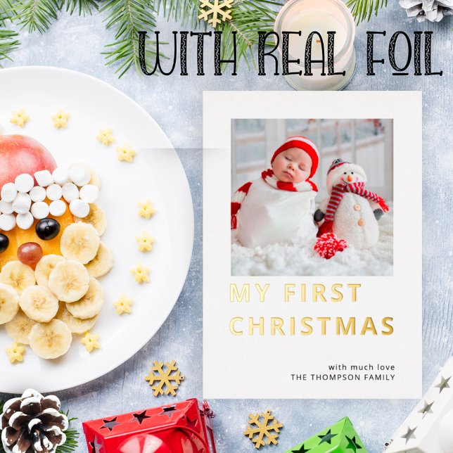 Modern Custom Photo My First Christmas Foil Holiday Card (Creator Uploaded)