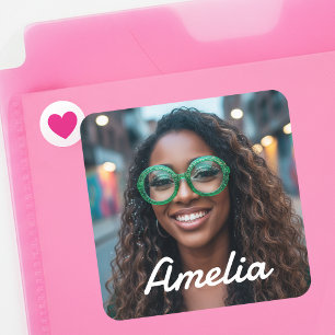 Modern Custom Photo Name Retro Typography Square Sticker