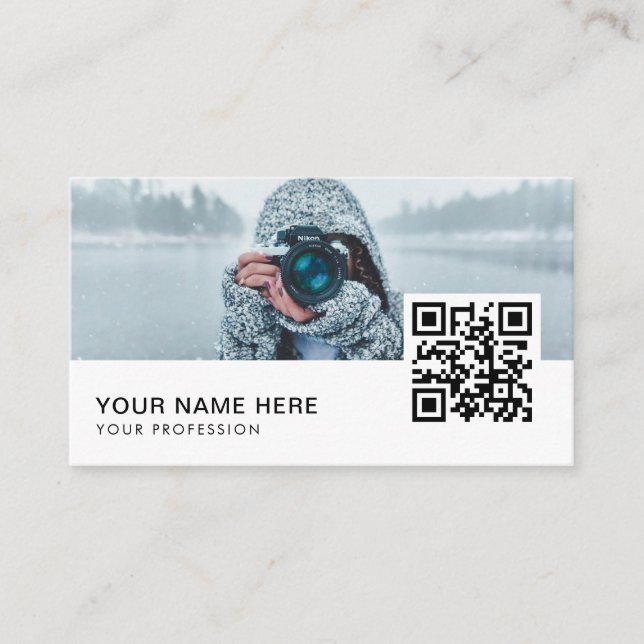 Modern Custom Photographer QR Code  Business Card (Front)