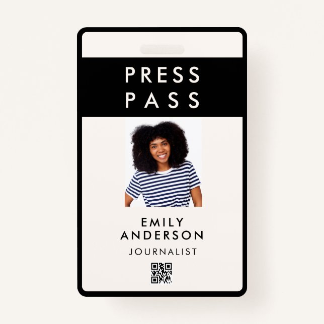 Modern Custom Press Pass Photo ID Logo QR Code ID Badge (Front)