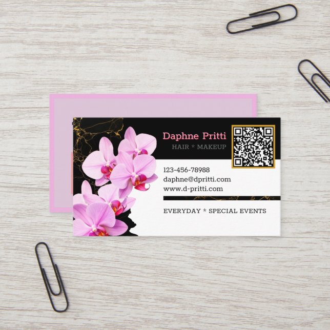 Modern, Custom QR Code, Orchid, Marble Business Card (Front/Back In Situ)