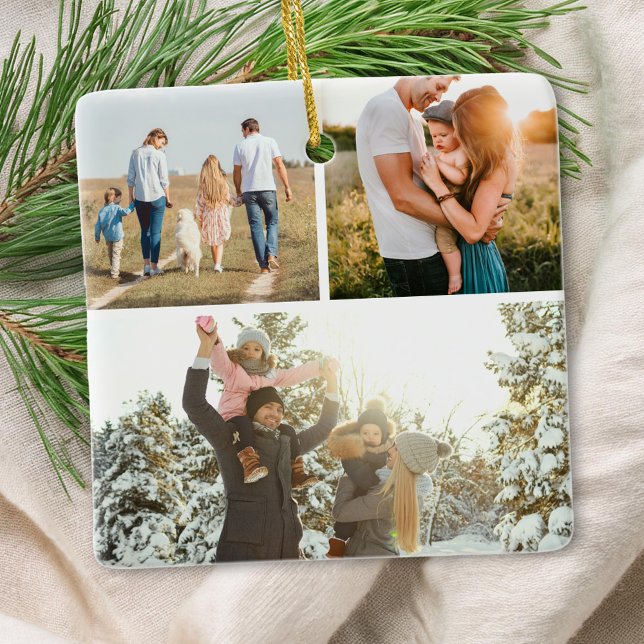 Modern Custom Quote Personalised 3 Photo Collage Ceramic Ornament (Creator Uploaded)