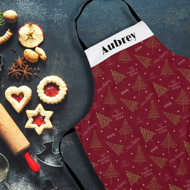 Modern Custom Red Christmas Tree & Season Greeting Apron (Custom Name Red Christmas Apron)