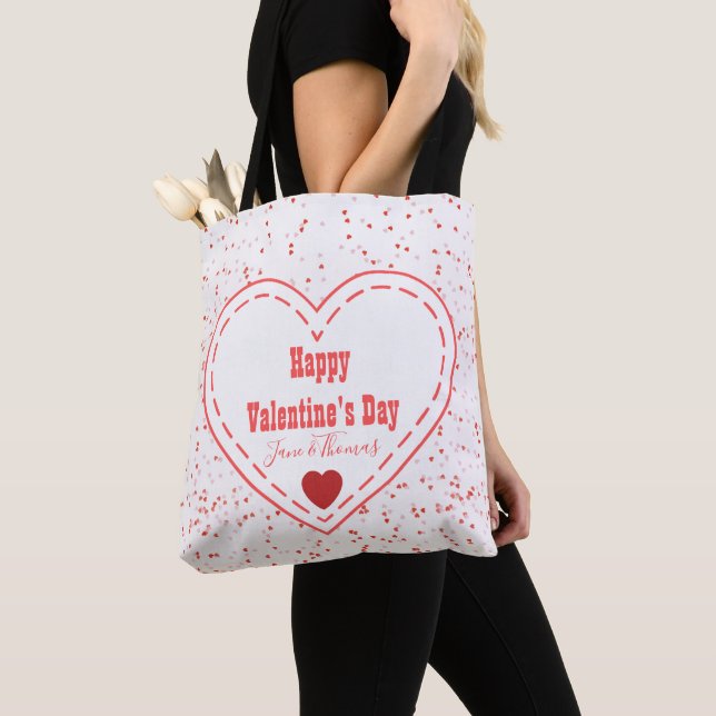 Modern Custom Red Heart Happy Valentine's Day Tote Bag (Close Up)