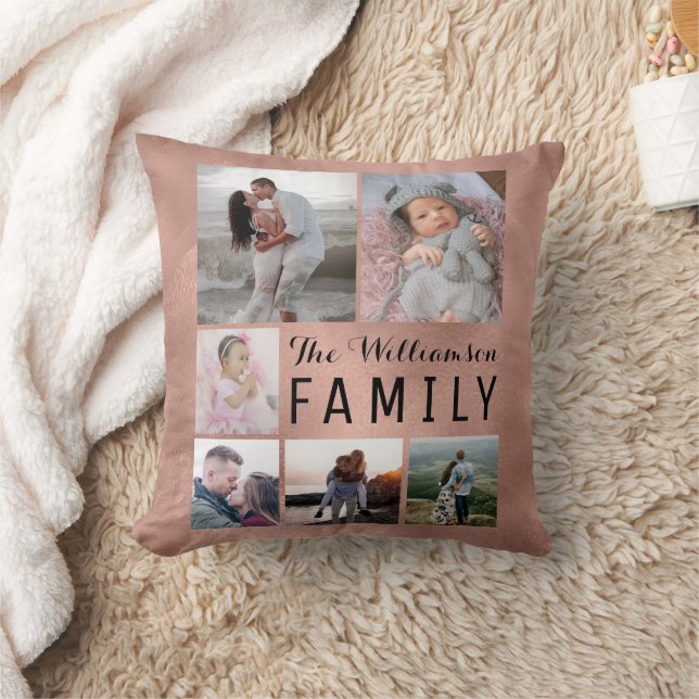 Modern Custom Rose Gold White Family Photo Collage Cushion (Blanket)