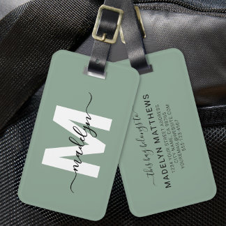 Modern Custom Sage Green Monogram Name Luggage Tag