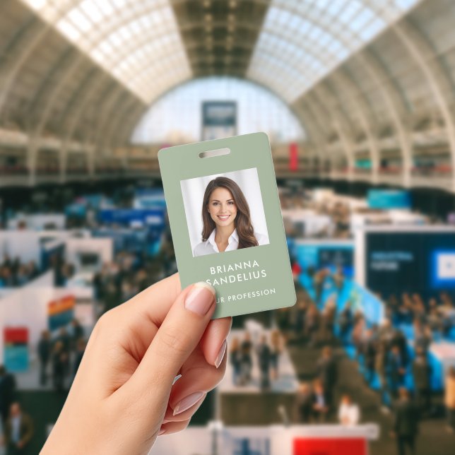 Modern Custom Script Sage Green Photo ID Name Badge (Conference)
