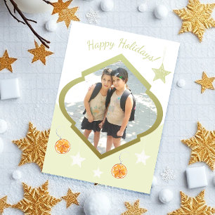 Modern Custom Stars And Orange Watercolor Photo Holiday Card