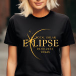 Modern Custom State Texas Total Solar Eclipse 2024 T-Shirt<br><div class="desc">Introducing our Modern Black & Gold 2024 Texas Total Solar Eclipse Custom T-Shirt, a stylish and commemorative piece for this rare celestial event. this shirt captures the elegance and excitement of the total solar eclipse. With the year 2024 boldly displayed, along with the location of Texas, it serves as a...</div>