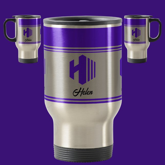 Modern Custom Stylish Blue Name Monogram  Travel Mug (Creator Uploaded)