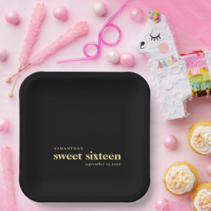 Modern Custom Sweet Sixteen Name Gold Black Paper Plate