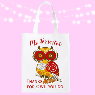 Modern Custom Teacher Appreciation Owl Reusable Grocery Bag