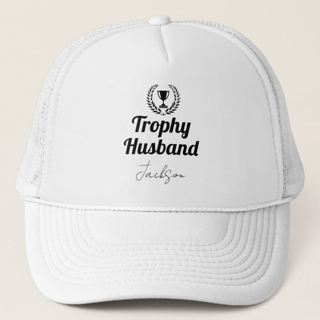 Modern Custom Trophy Husband Name Black Trucker Hat (Front)