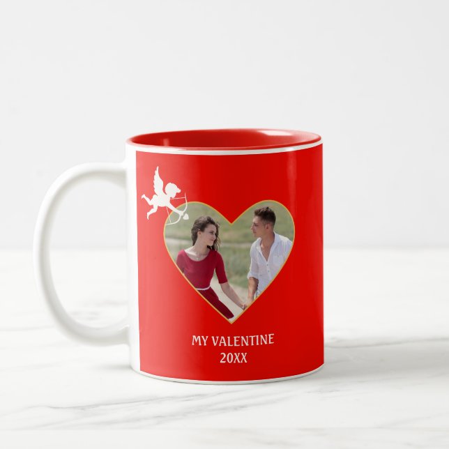 Modern Custom Valentine Couple Photo & Cupid Two-Tone Coffee Mug (Left)