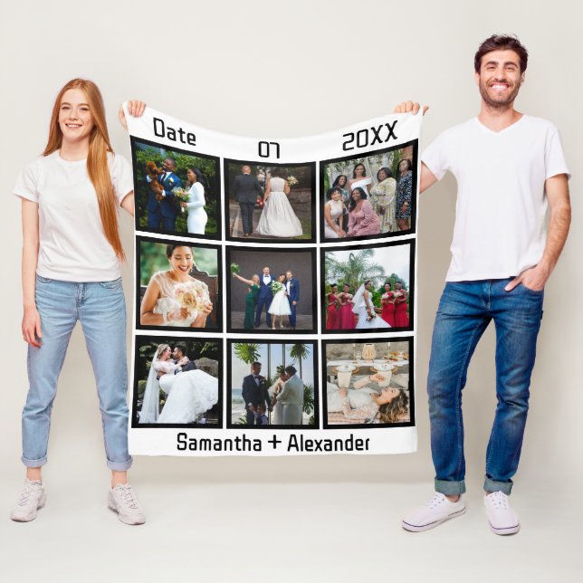 Modern Custom Wedding Anniversary 9 Photo Collage Fleece Blanket (In Situ)