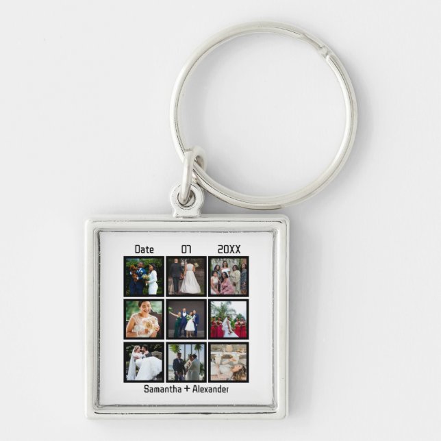 Modern Custom Wedding Anniversary 9 Photo Collage Key Ring (Front)