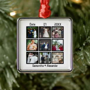 Modern Custom Wedding Anniversary 9 Photo Collage Metal Tree Decoration