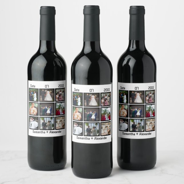 Modern Custom Wedding Anniversary 9 Photo Collage Wine Label (Bottles)