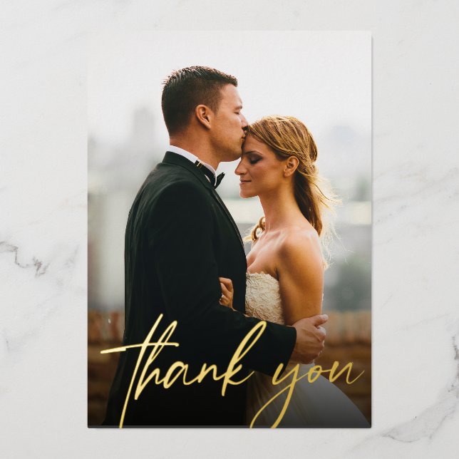 Modern Custom Wedding Photos Gold Foil Thank you Foil Holiday Card (Front)