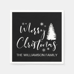 Modern Custom White Black Tree Merry Christmas Napkin