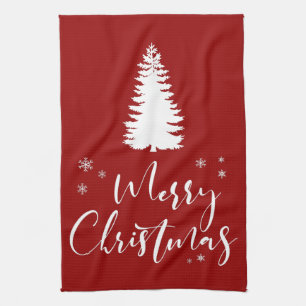 Modern Custom White Black Tree Merry Christmas Tea Towel