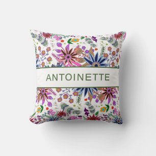 Modern customisable name colourful floral  cushion