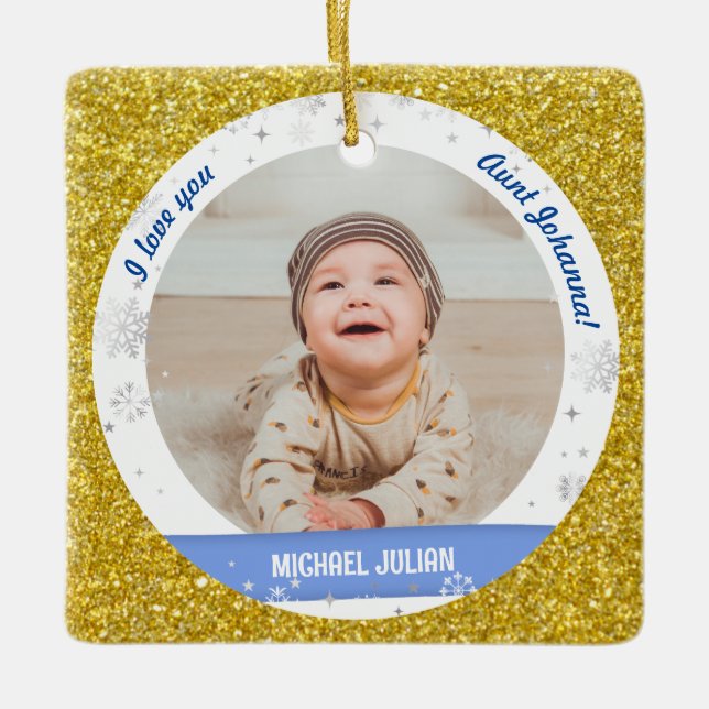 Modern Cute 2 Photos Baby Boy First Christmas Aunt Ceramic Ornament (Front)