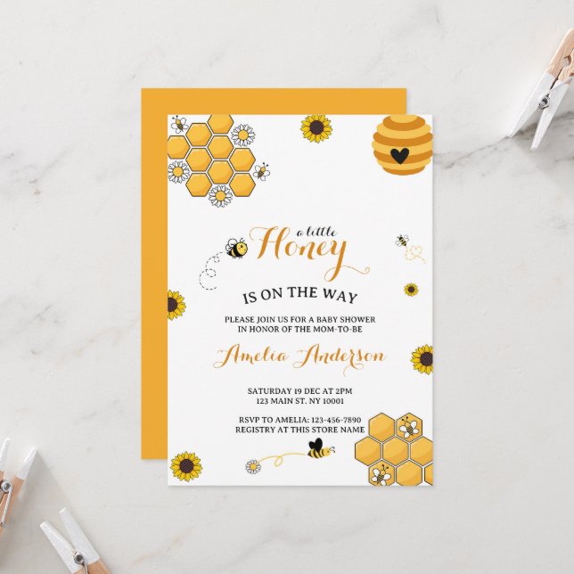 Modern Cute A Little Honey Baby Shower Invitation (Front/Back In Situ)
