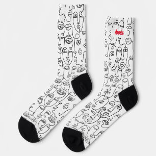 Modern Cute Abstract Black White Face Line Name Socks