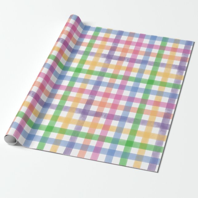 Modern Cute and Bright Watercolor Plaid Pattern Wrapping Paper (Unrolled)