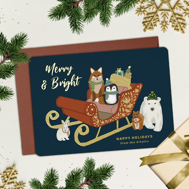 Modern Cute Animal Friends and Sleigh Christmas  Foil Holiday Card (Creator Uploaded)