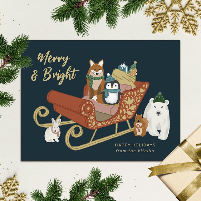 Modern Cute Animal Friends and Sleigh Christmas  Holiday Postcard (Creator Uploaded)