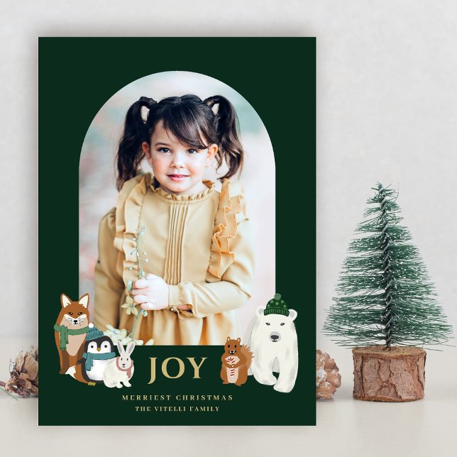 Modern Cute Animals Arch Photo Christmas | Green Holiday Card (Creator Uploaded)