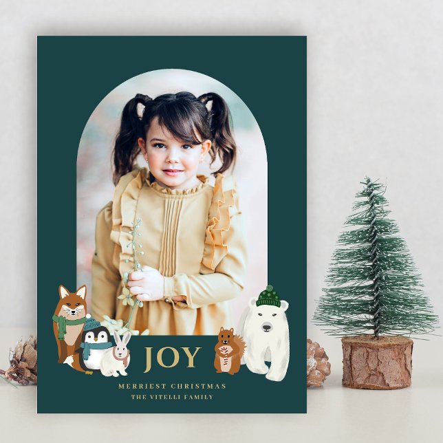 Modern Cute Animals Arch Photo Christmas | Teal Holiday Card (Creator Uploaded)
