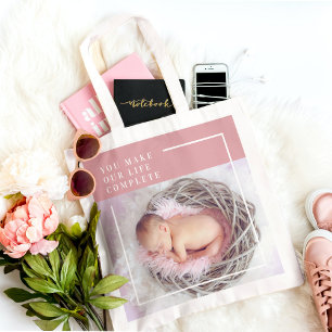 Modern Cute Baby Photo   Pink & White   Quote  Tote Bag