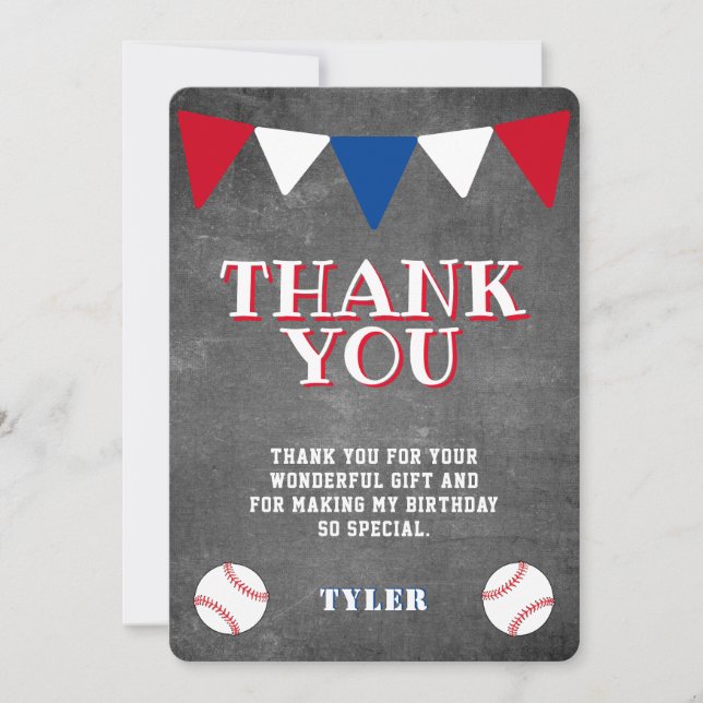 Modern Cute Baseball Chalkboard Kids Birthday Thank You Card (Front)