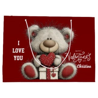 Modern Cute Bear Happy Valentines Day Name Large Gift Bag