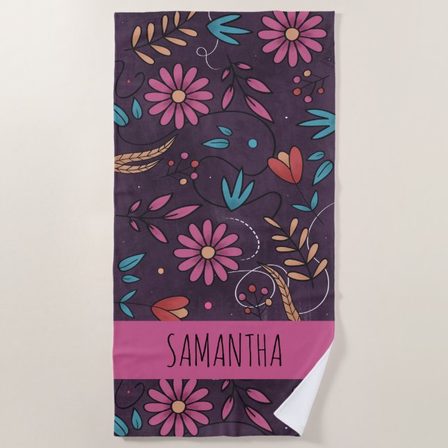 Modern Cute Big Floral Pattern Personalised Beach Towel (Front)