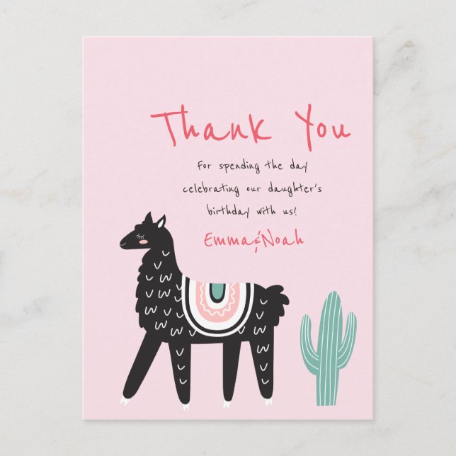 Modern Cute Birthday Party Llama Thank You Postcard (Front)