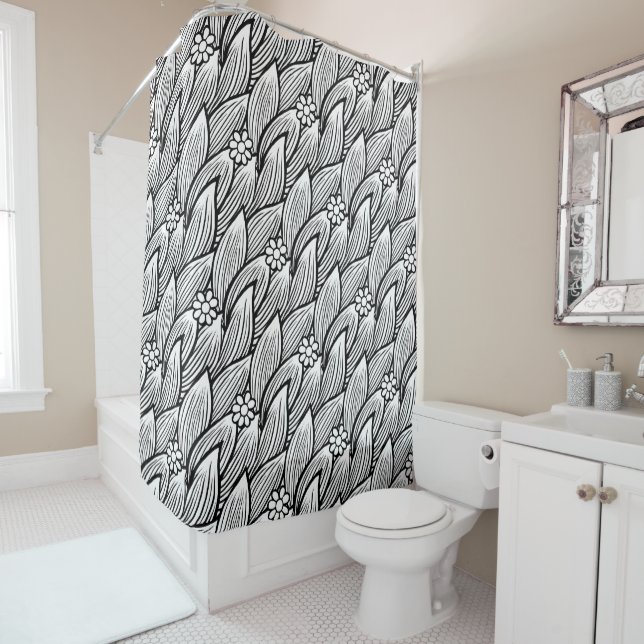   Modern Cute Black And White Hippie Daisy Floral Shower Curtain (In Situ)