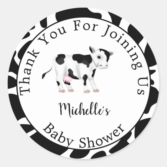 Modern Cute Black White Cow Print Baby Shower   Classic Round Sticker (Front)