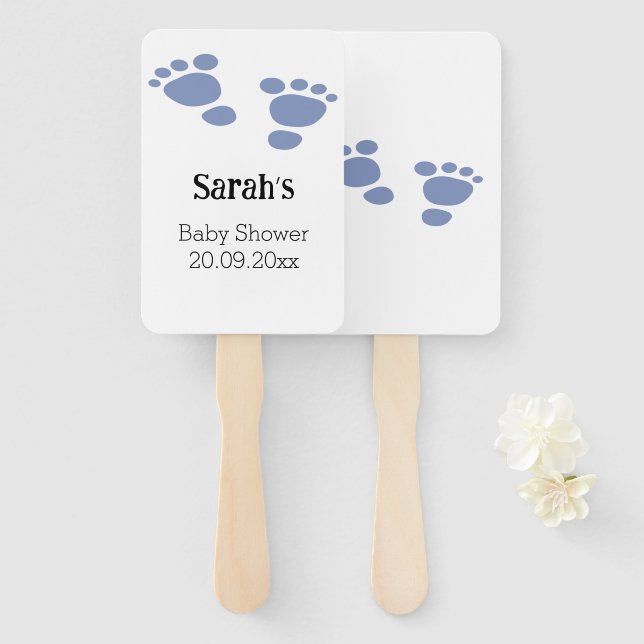 Modern Cute Blue Baby Footprint  Hand Fan (Front and Back)